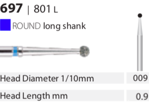 Diamond Bur - Long Shank - Round - Medium (Blue) 009 (Pack of 10)