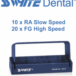 SS - White - Blue Metal Bur Block - 10 (RA) Slow Speed Holes - 20 (FG) High Speed Holes - Fully Autoclavable.